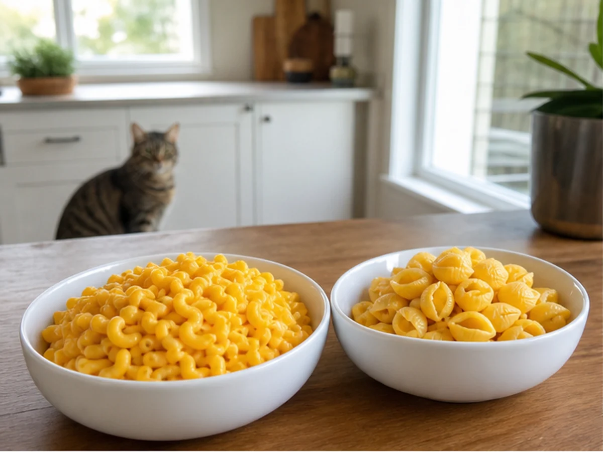 Two bowls of macaroni and cheese made with different pasta shapes