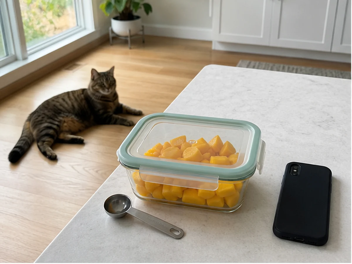 Sealed mango cubes, spoon, and phone with a cat resting away