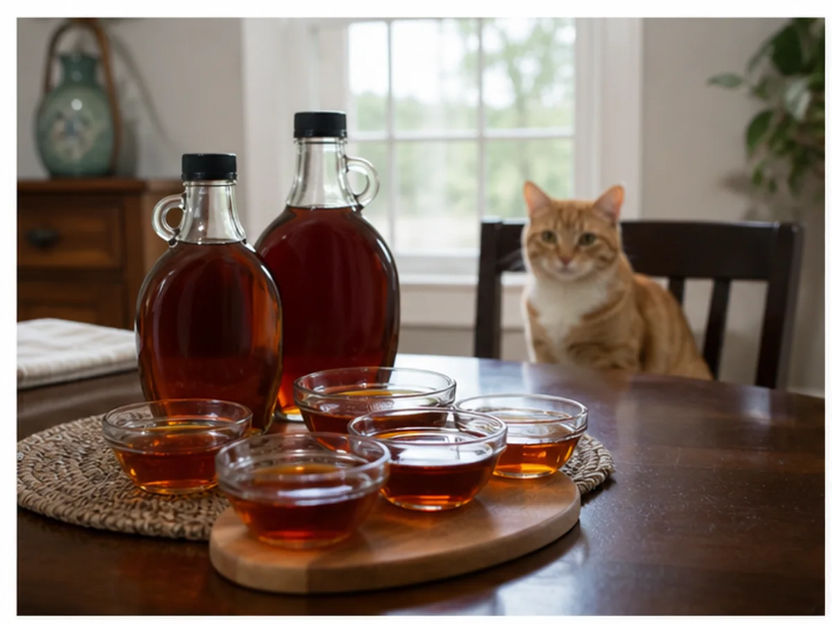 Cat safely separated from maple syrup in a household scene about several syrup servings can hide in a day
