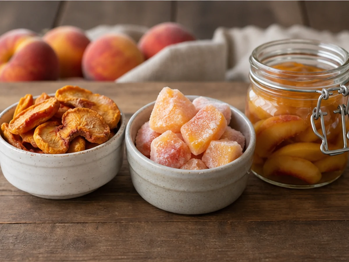 Dried and preserved fruit arranged in bowls and a jar
