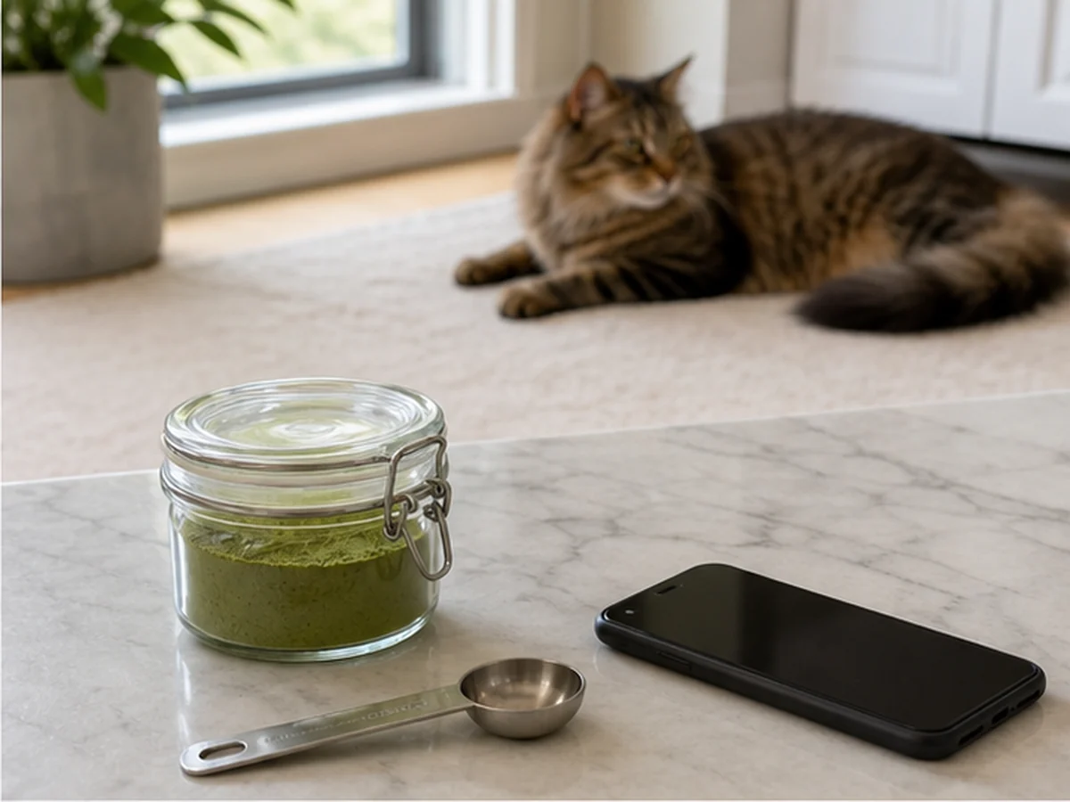 Sealed matcha powder, spoon, and phone with a cat resting away