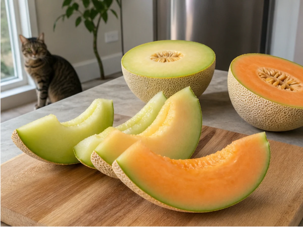 Green and orange melon slices with a cat sitting well away