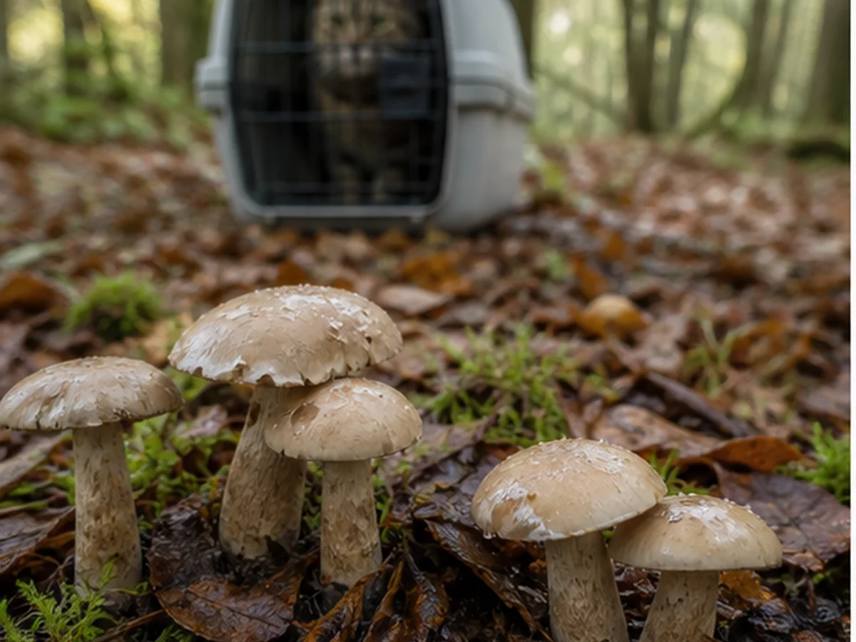 Cat safely separated from mushrooms in a household scene about why wild mushrooms get an immediate call