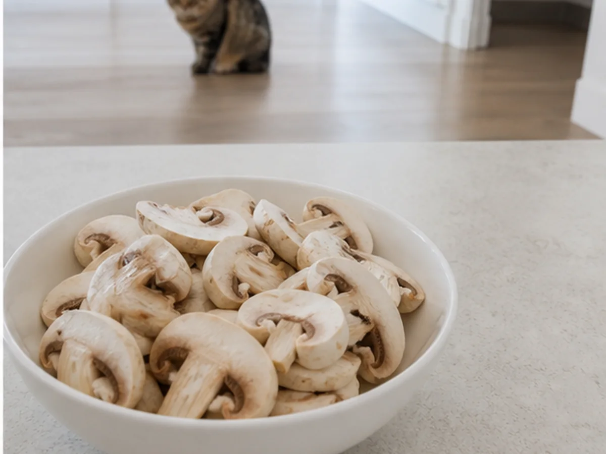 Cat safely separated from mushrooms in a household scene about store-bought edible mushrooms are a different category