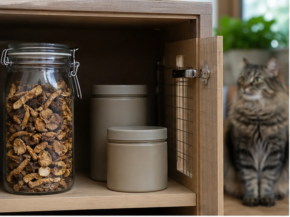 Cat safely separated from mushrooms in a household scene about what about medicinal and functional mushrooms