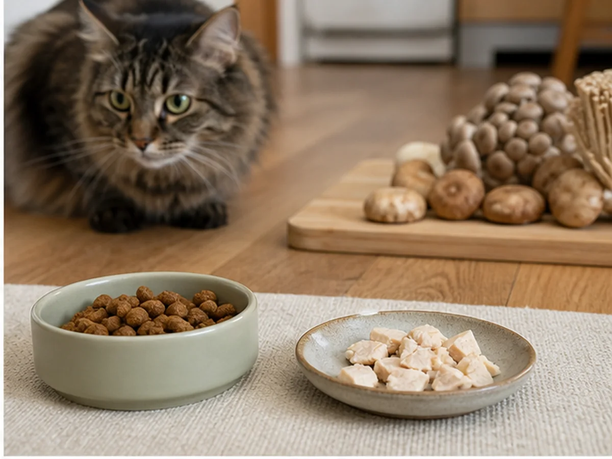 Cat safely separated from mushrooms in a household scene about better treats for a curious cat