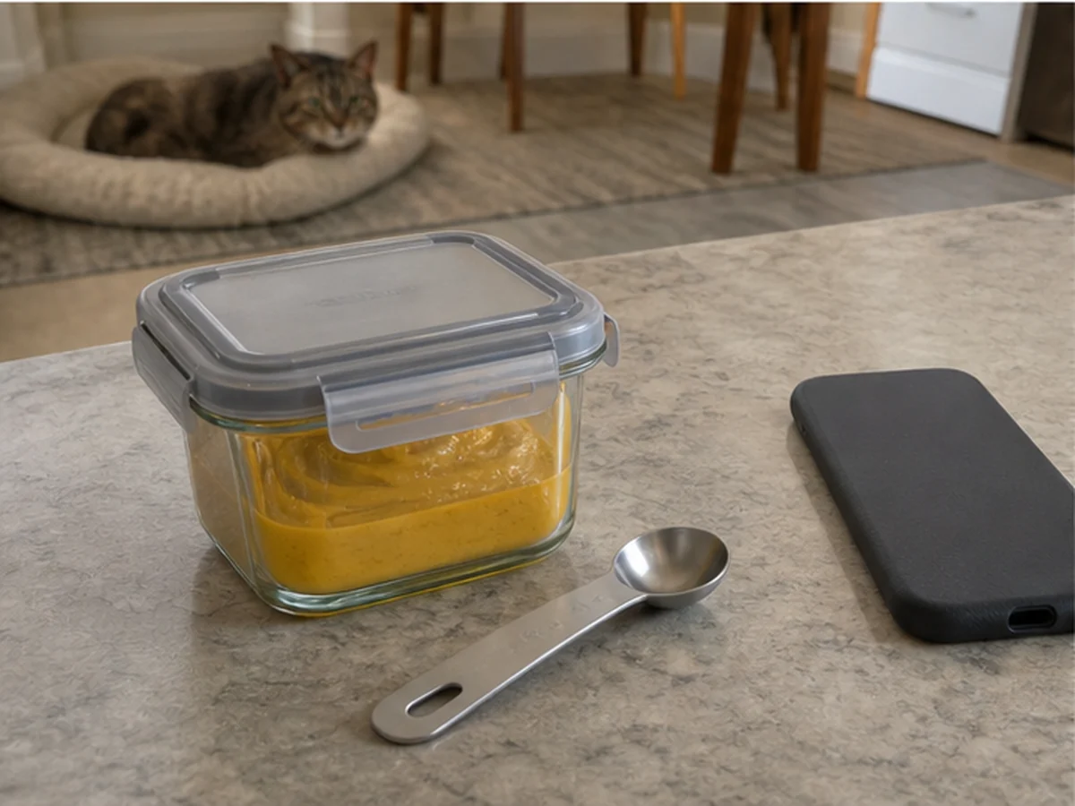 Sealed mustard, spoon, and phone with a cat resting away
