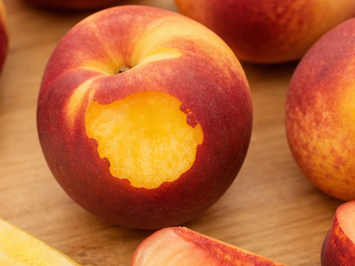 Cat kept behind a kitchen scene involving nectarines