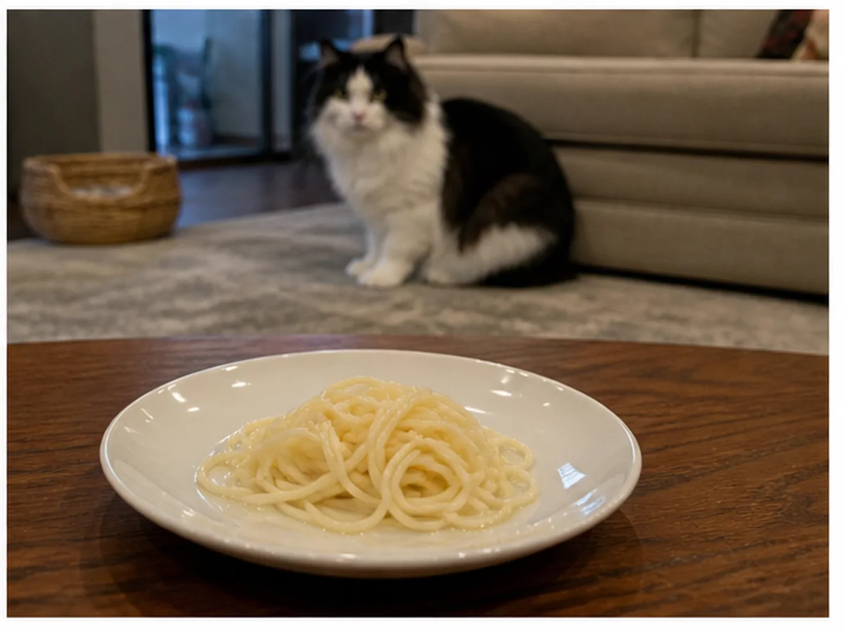 Cat safely separated from noodles in a household scene about monitoring a plain cooked piece