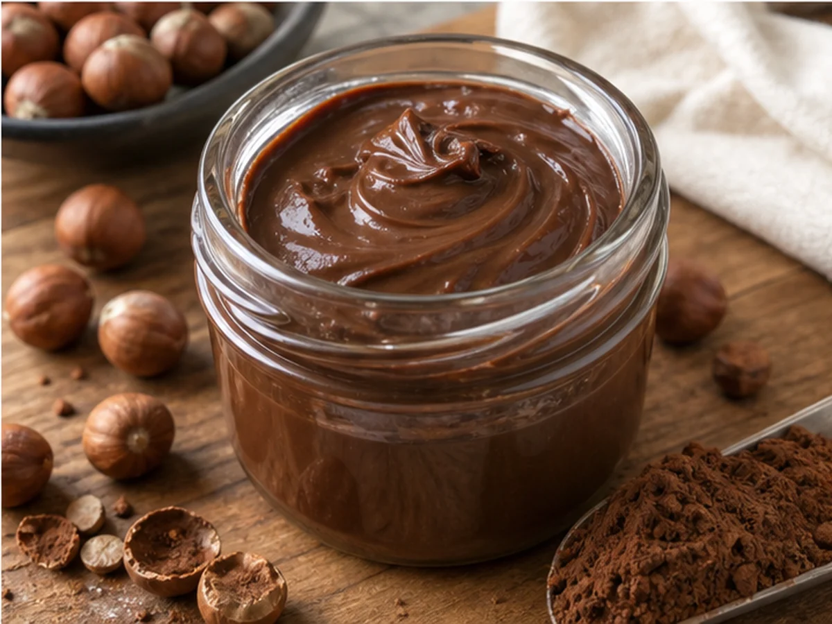 Unlabeled jar of chocolate hazelnut spread with hazelnuts