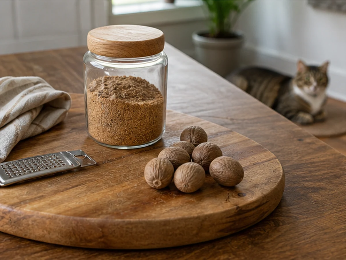 Ground nutmeg and whole nutmegs with a cat sitting well away
