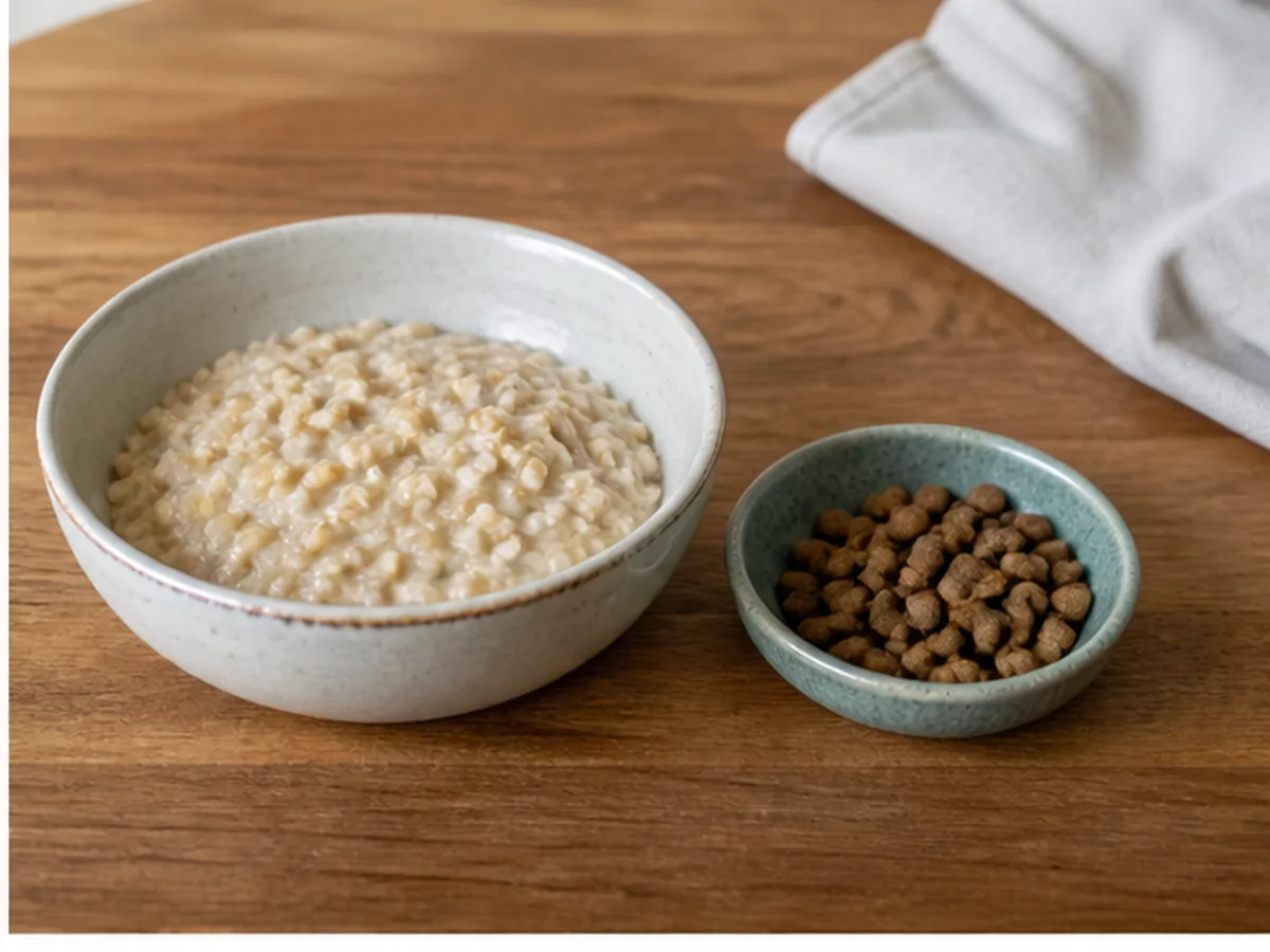 Cat safely separated from oatmeal in a household scene about a simple cat-specific alternative