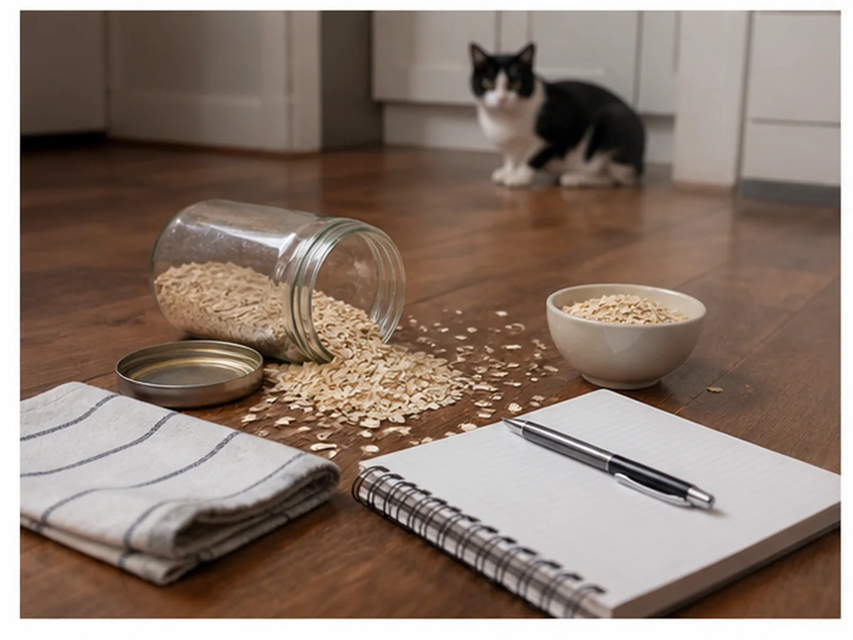 Cat safely separated from oats in a household scene about a breakfast-raid checklist