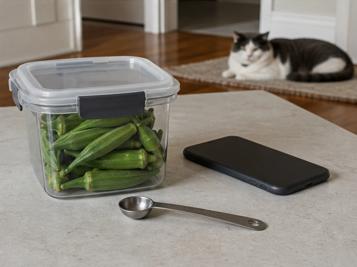 Sealed okra pods, spoon, and phone with a cat resting away
