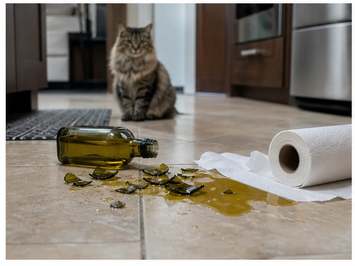 Cat safely separated from olive oil in a household scene about the olive-oil accident plan