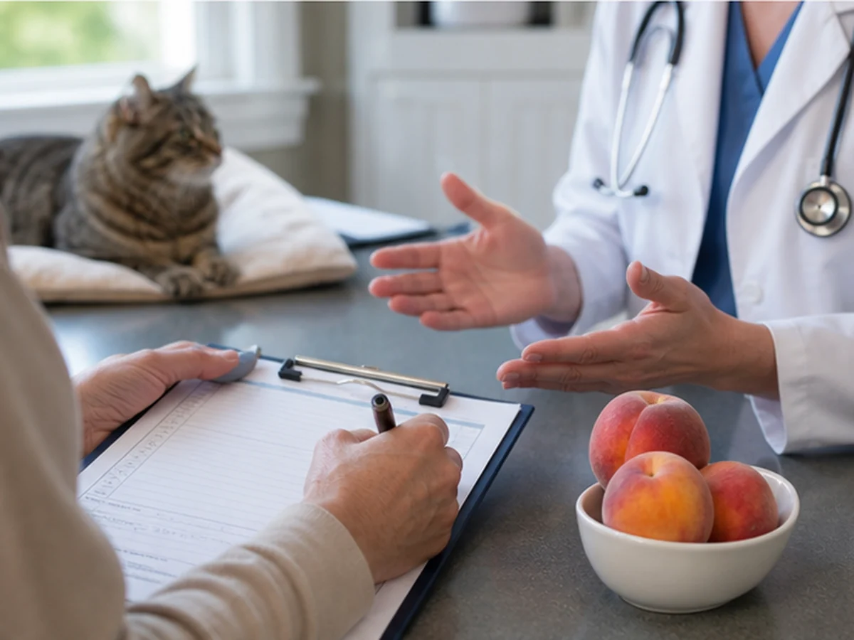 Veterinary consultation with a cat and bowl of peaches
