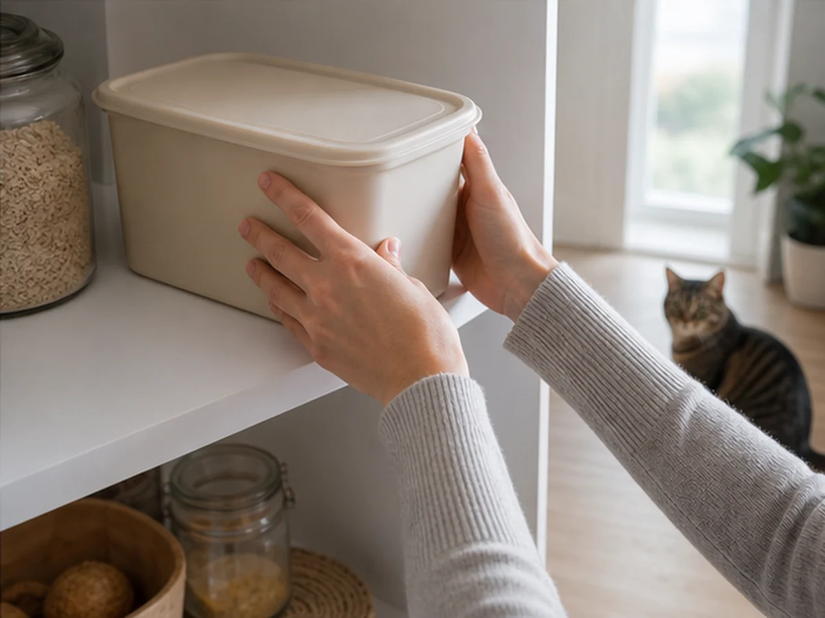 Hands securing citrus fruit on a high shelf with a cat distant