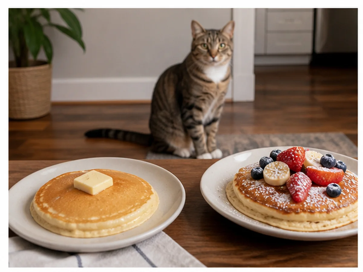 Cat safely separated from pancakes in a household scene about the final flip