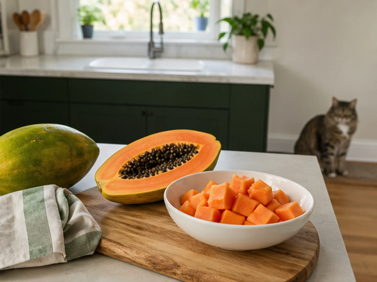 Seed-free papaya cubes beside a halved seeded papaya