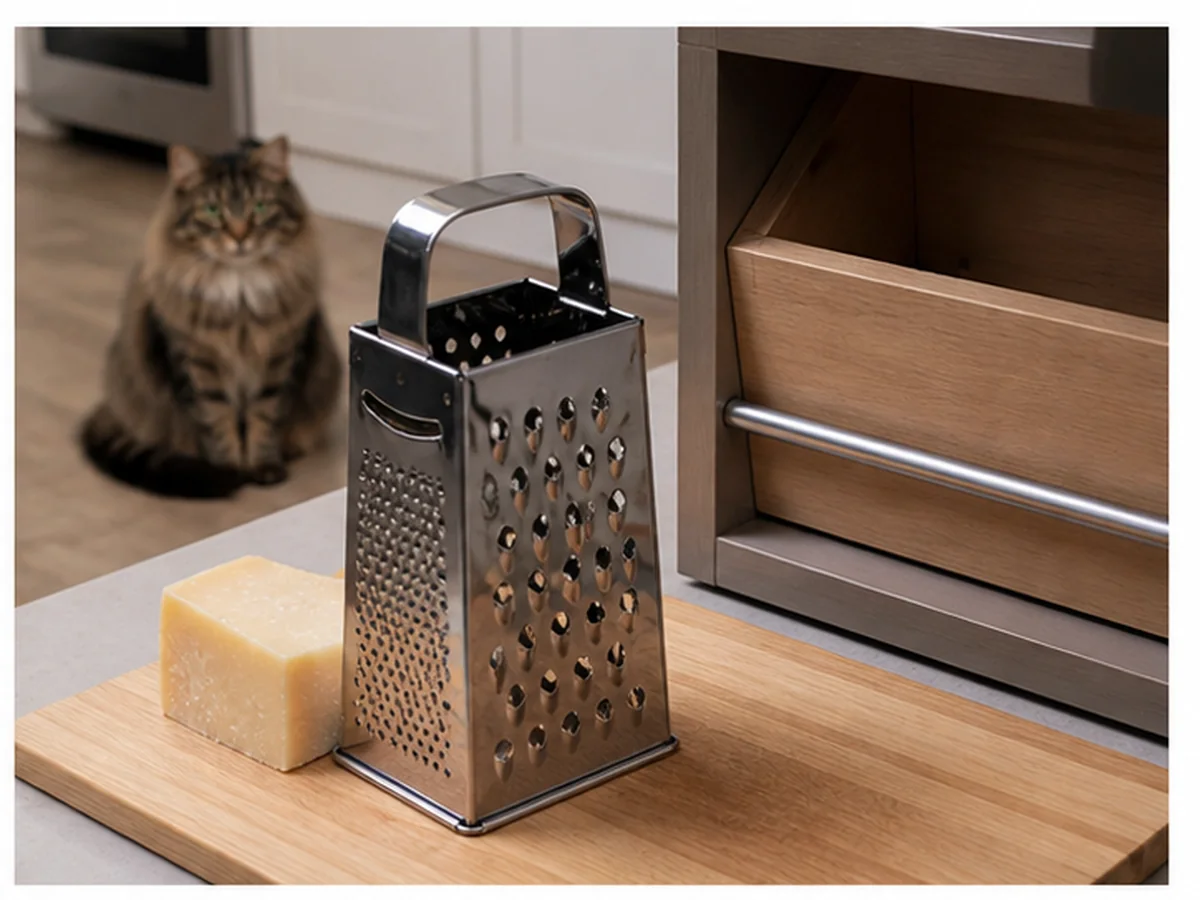 Cat safely separated from parmesan cheese in a household scene about the final grate