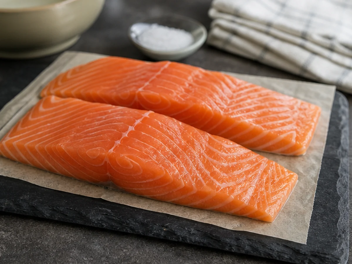 Raw salmon fillets on parchment paper