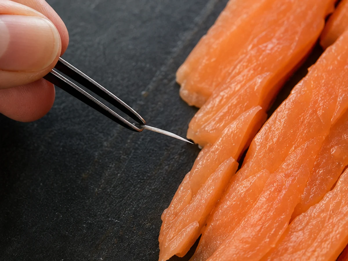 Tweezers removing a pin bone from raw salmon