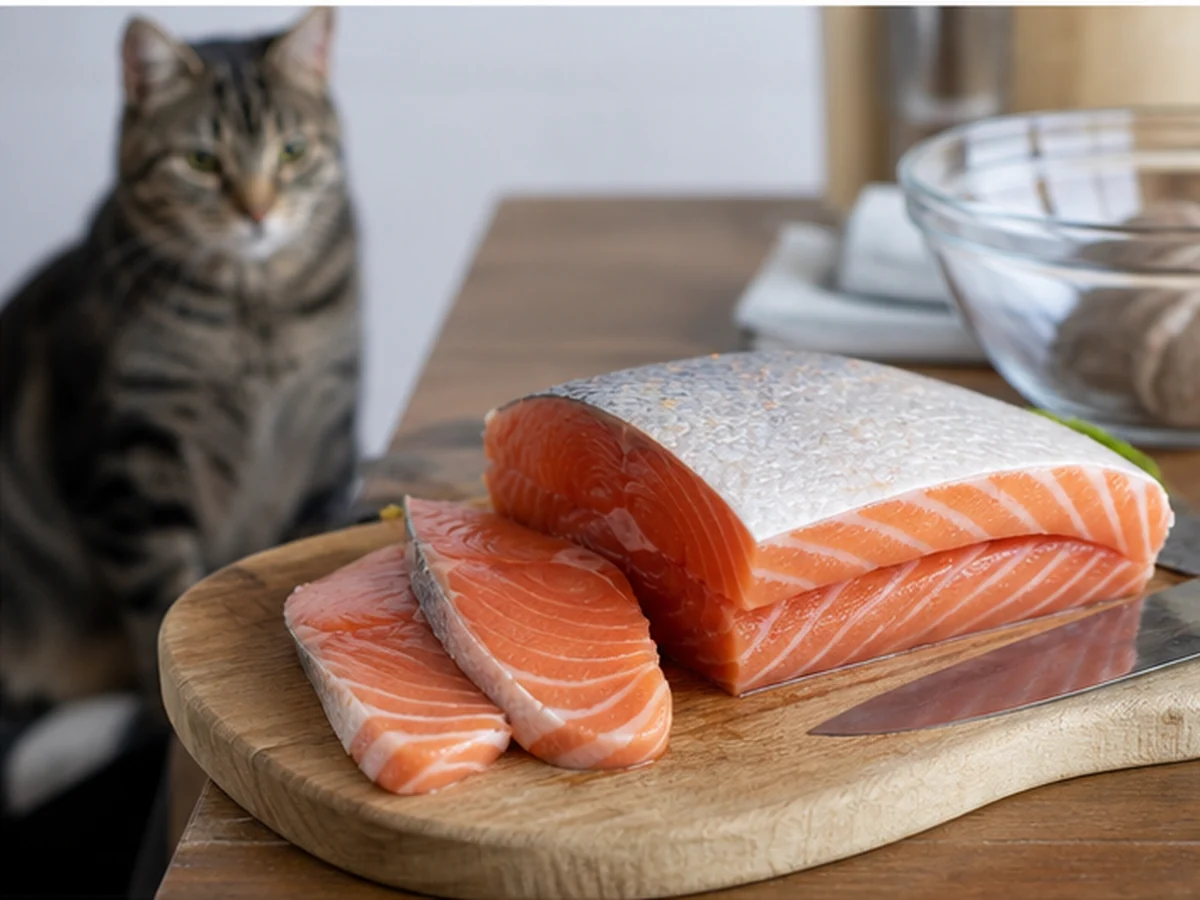 Raw salmon on a cutting board with a cat behind it