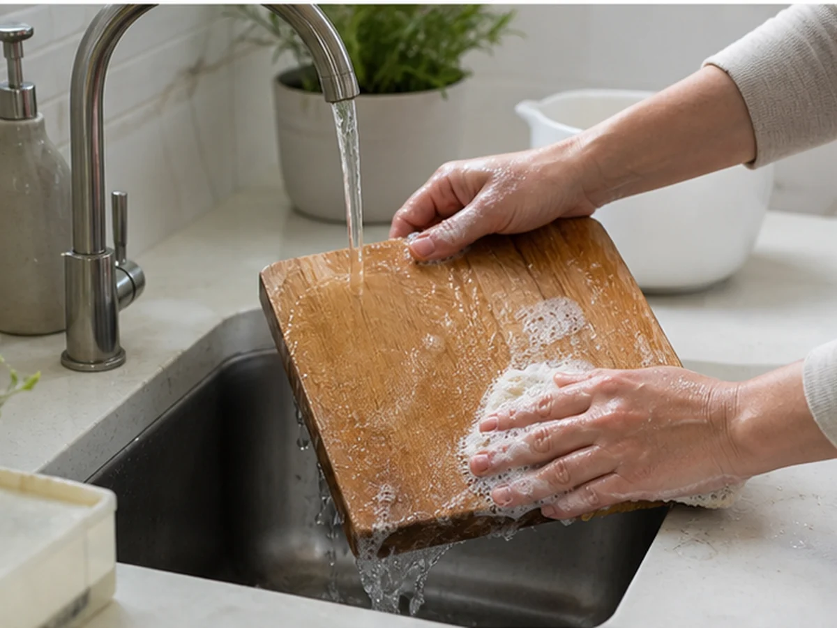 Hands washing a cutting board at a kitchen sink