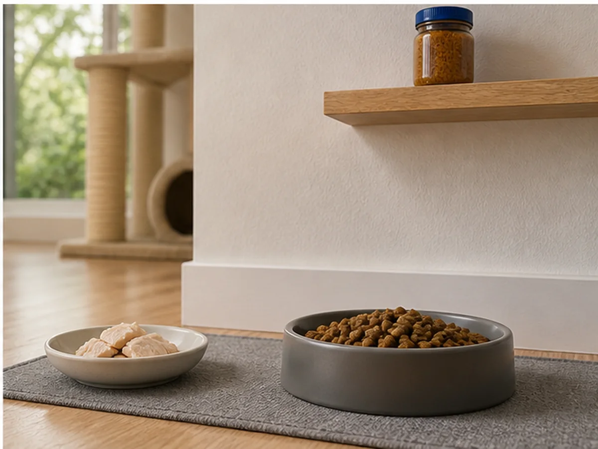 Cat safely separated from peanut butter in a household scene about better tiny treats