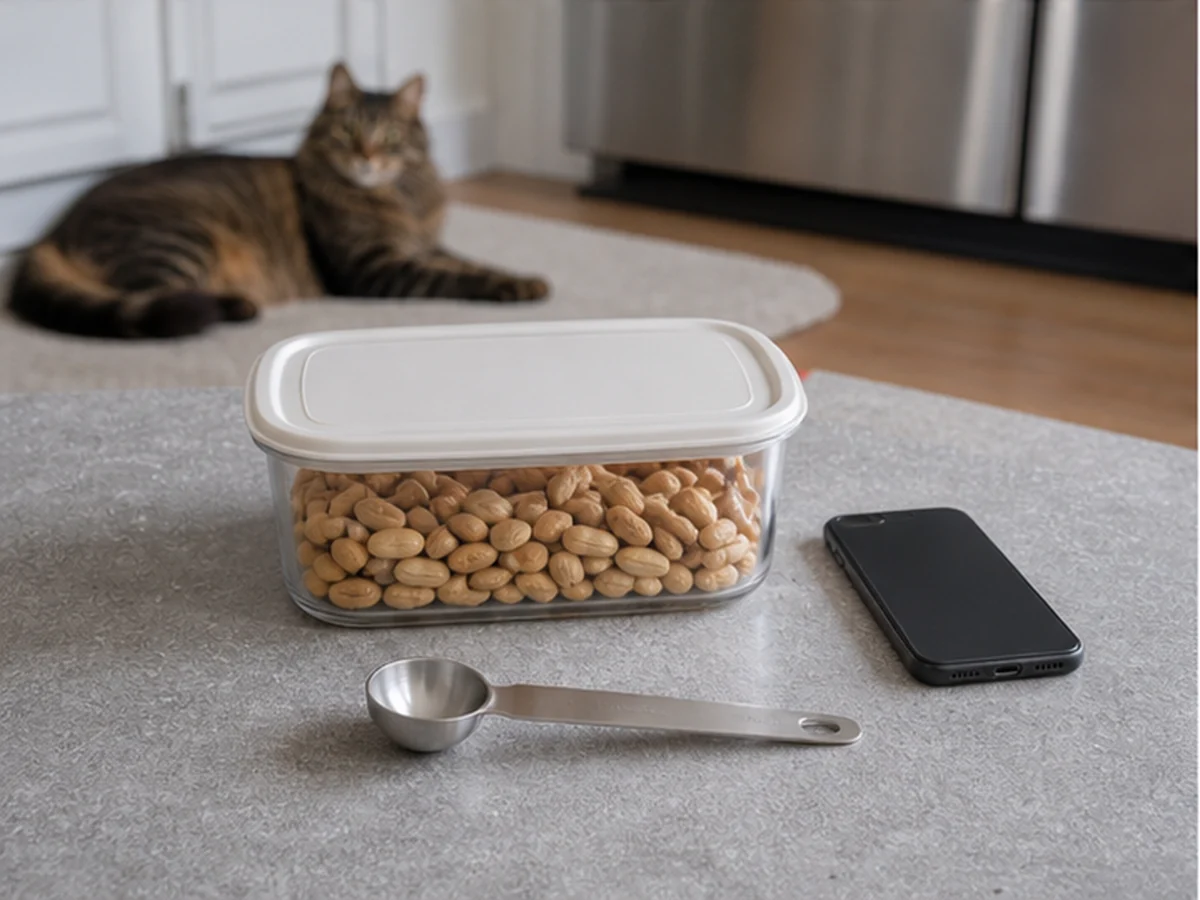 Sealed peanuts, spoon, and phone with a cat resting away