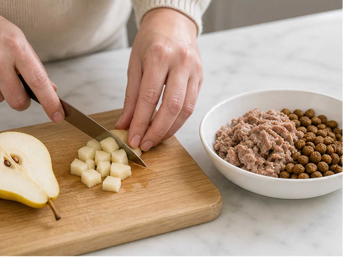 Hands cutting a tiny pear portion beside a complete cat meal