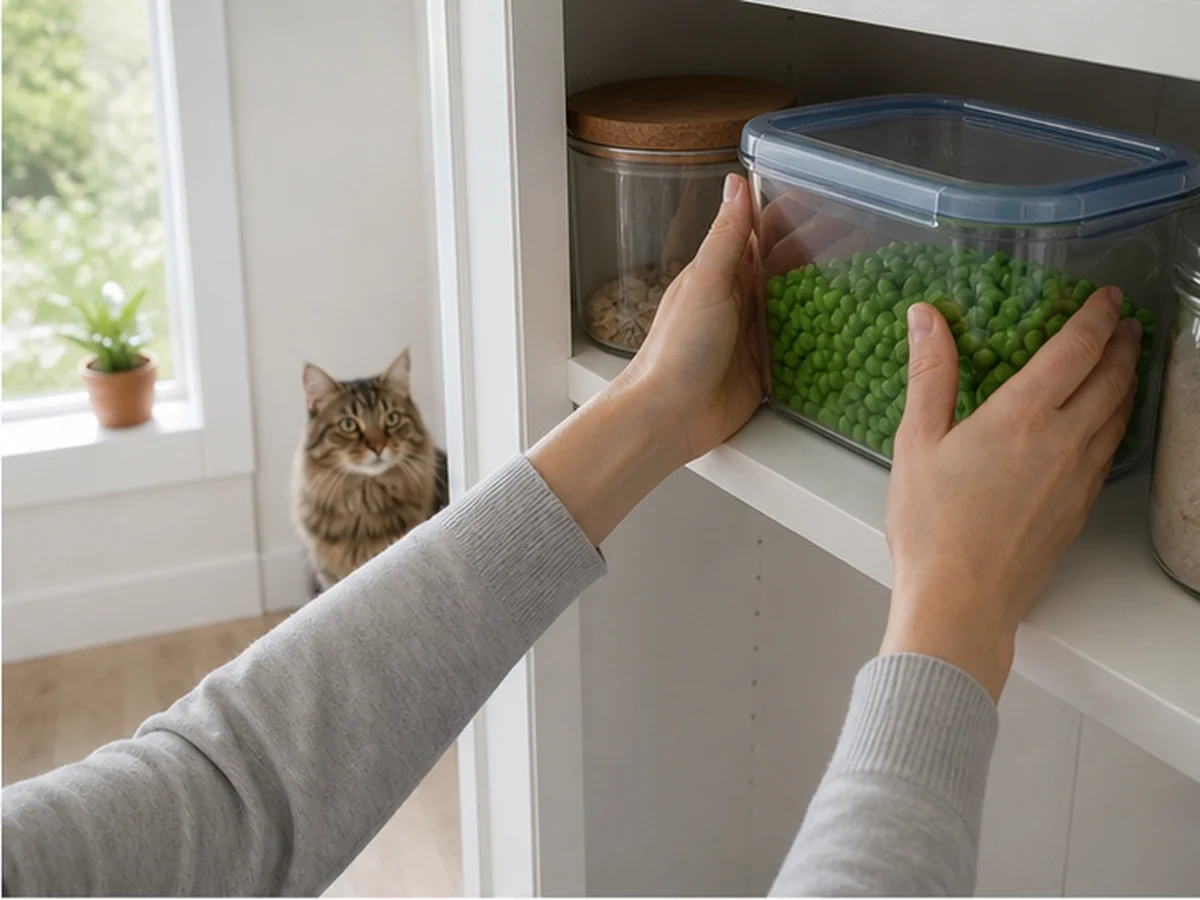Hands storing peas on a high shelf while a cat watches
