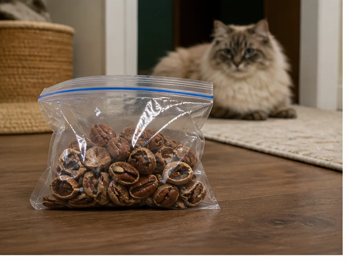 Cat safely separated from pecans in a household scene about dental fractures and mouth pain