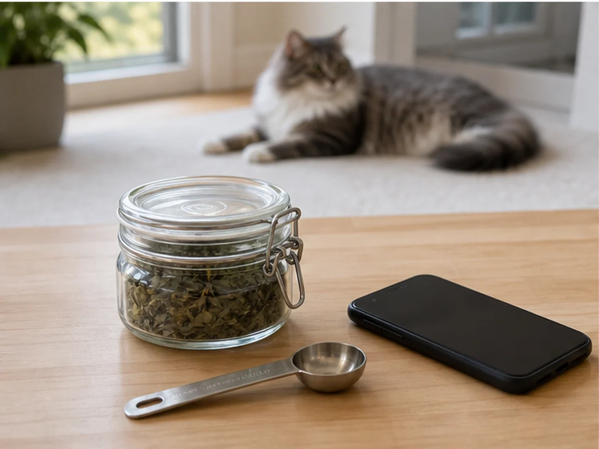Sealed dried peppermint, spoon, and phone with a cat distant