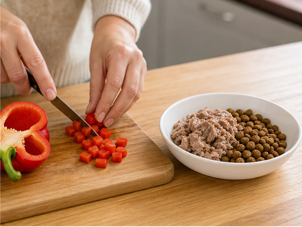 Hands cutting bell pepper beside a complete cat meal