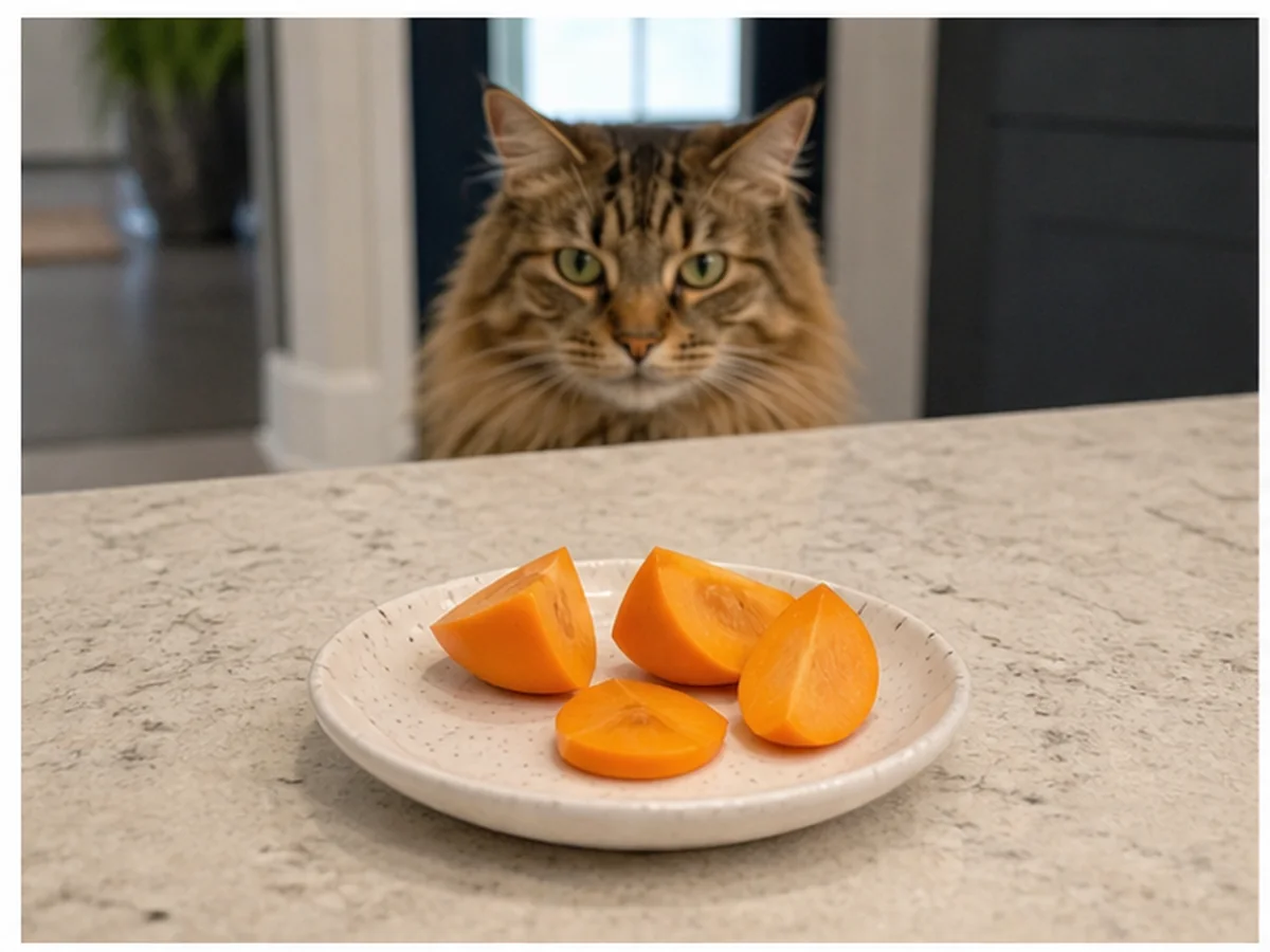 Cat safely separated from persimmons in a household scene about better ways to share the counter moment