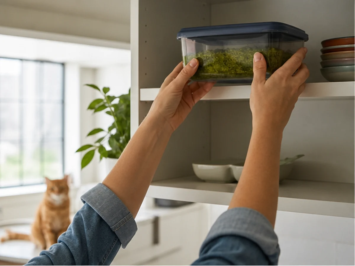 Hands storing pesto on a high shelf with cats distant