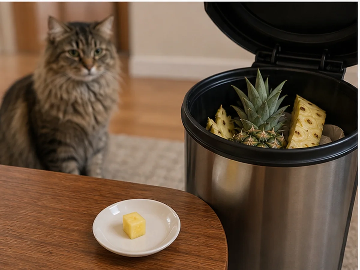 Cat safely separated from pineapple in a household scene about safer serving, if your veterinarian approves
