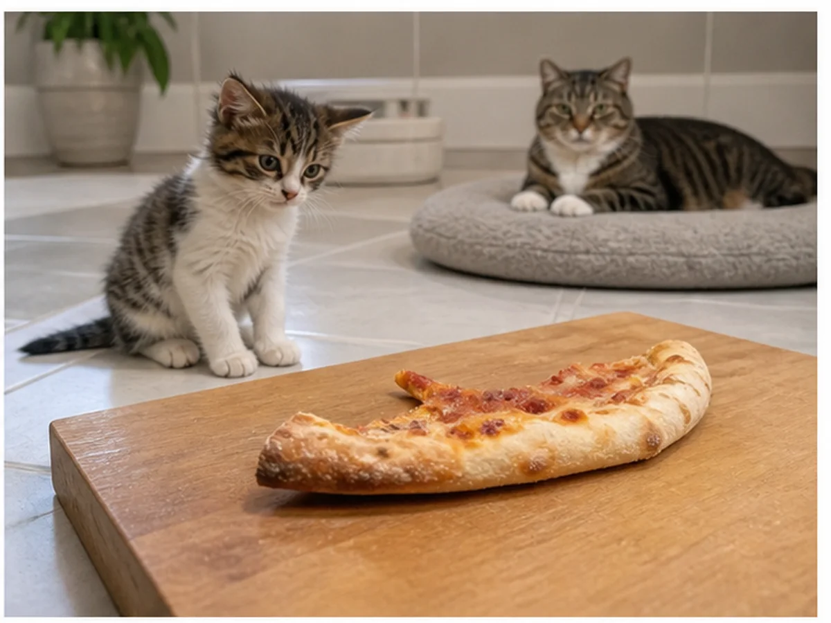 Cat safely separated from pizza crust in a household scene about who gets less room for experimentation