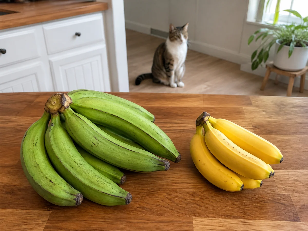 Large green plantains beside yellow bananas with a cat distant