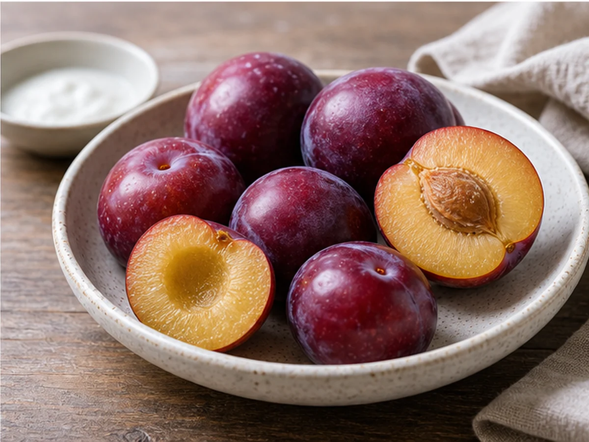 Whole and halved purple plums in a white bowl