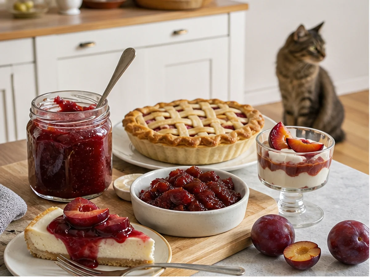 Plum jam, pie, dessert, and whole plums on a kitchen table