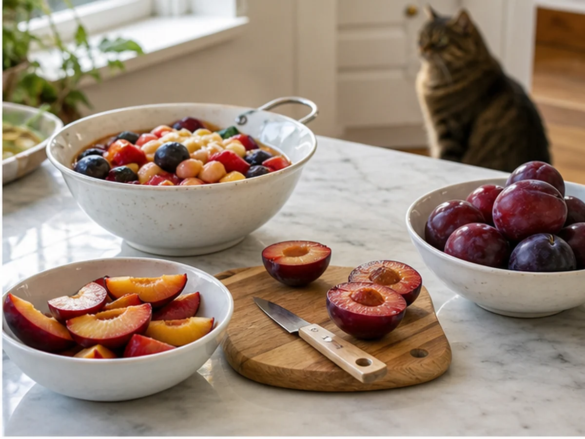 Plum slices, whole plums, and a mixed fruit bowl