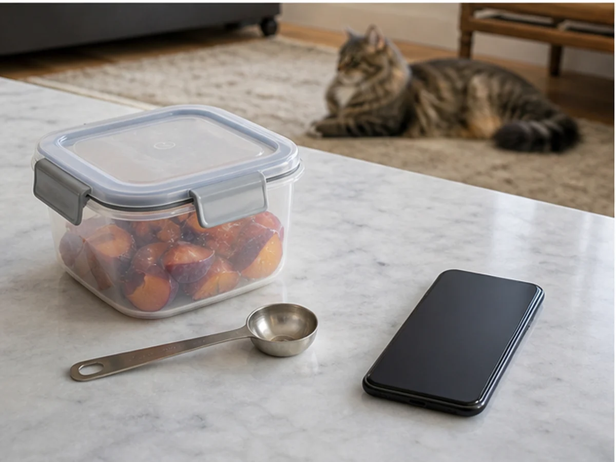 Sealed plum pieces, spoon, and phone with a cat resting away