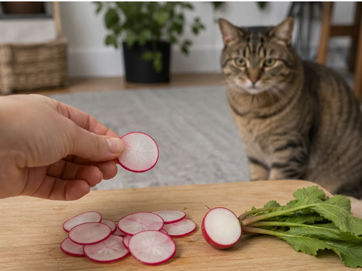 Cat kept behind a kitchen scene involving pomegranate