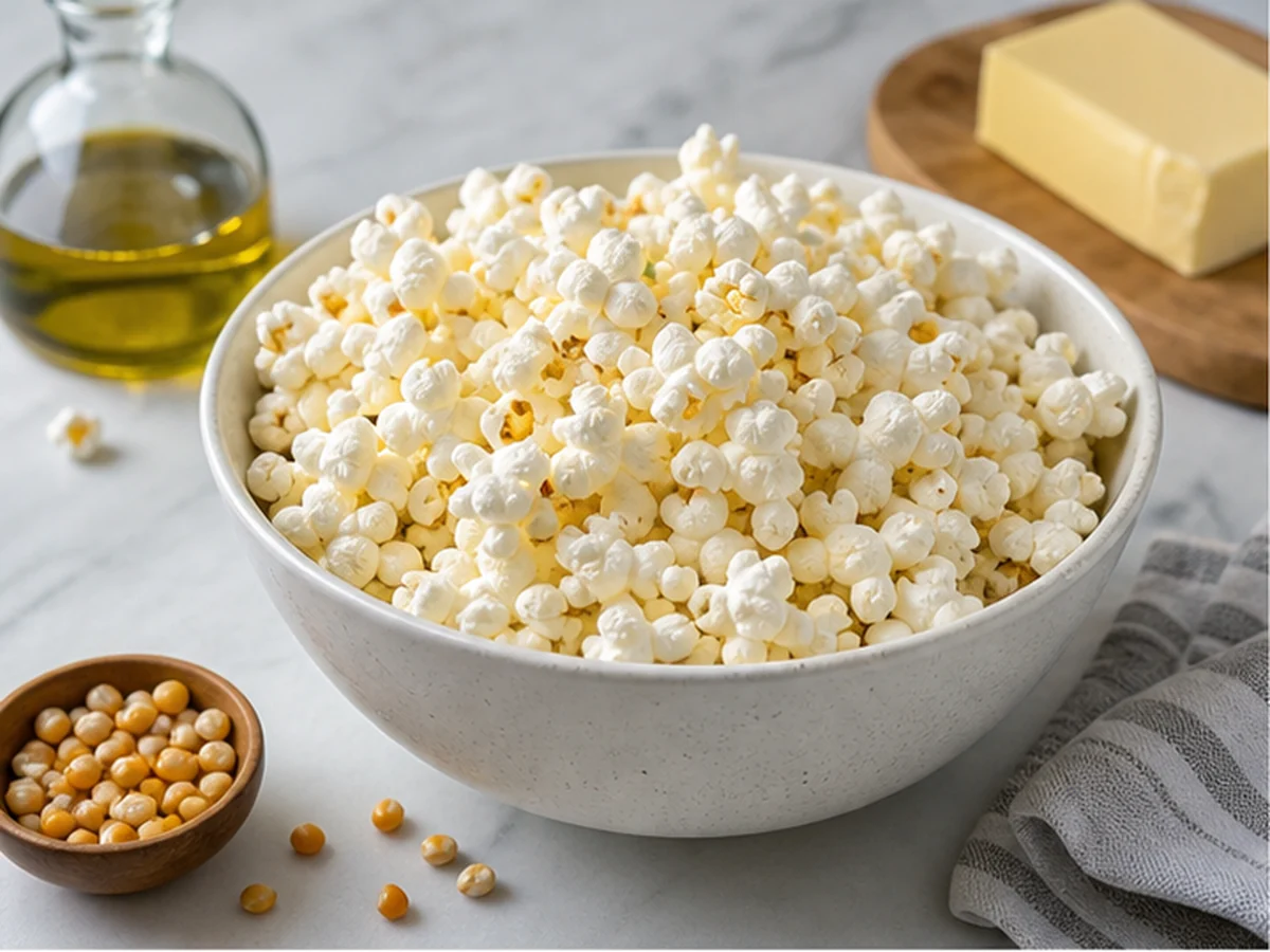 Plain popcorn in a white bowl with kernels and oil nearby