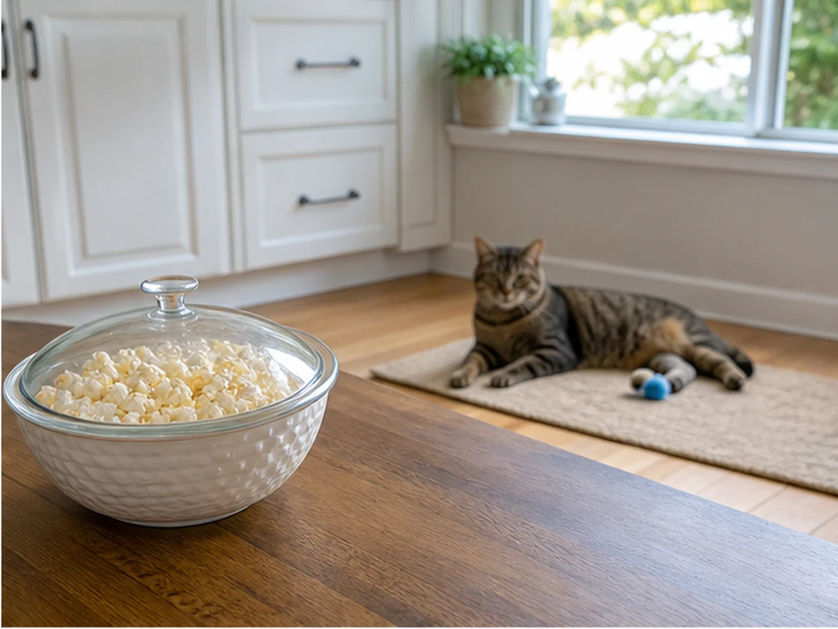 Lidded popcorn bowl on a table with a cat resting by toys