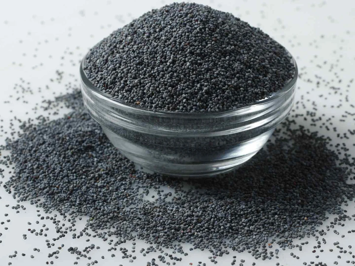 Black poppy seeds in a bowl beside dried poppy pods and stems.