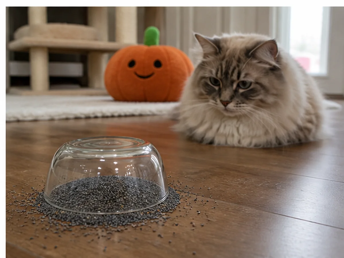 Cat safely separated from poppy seeds in a household scene about what a low-concern monitoring plan looks like