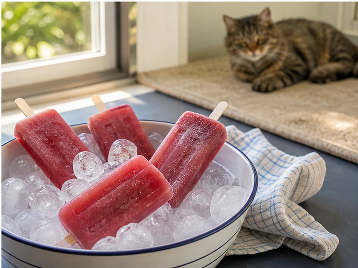 Red fruit popsicles resting on ice with a cat distant